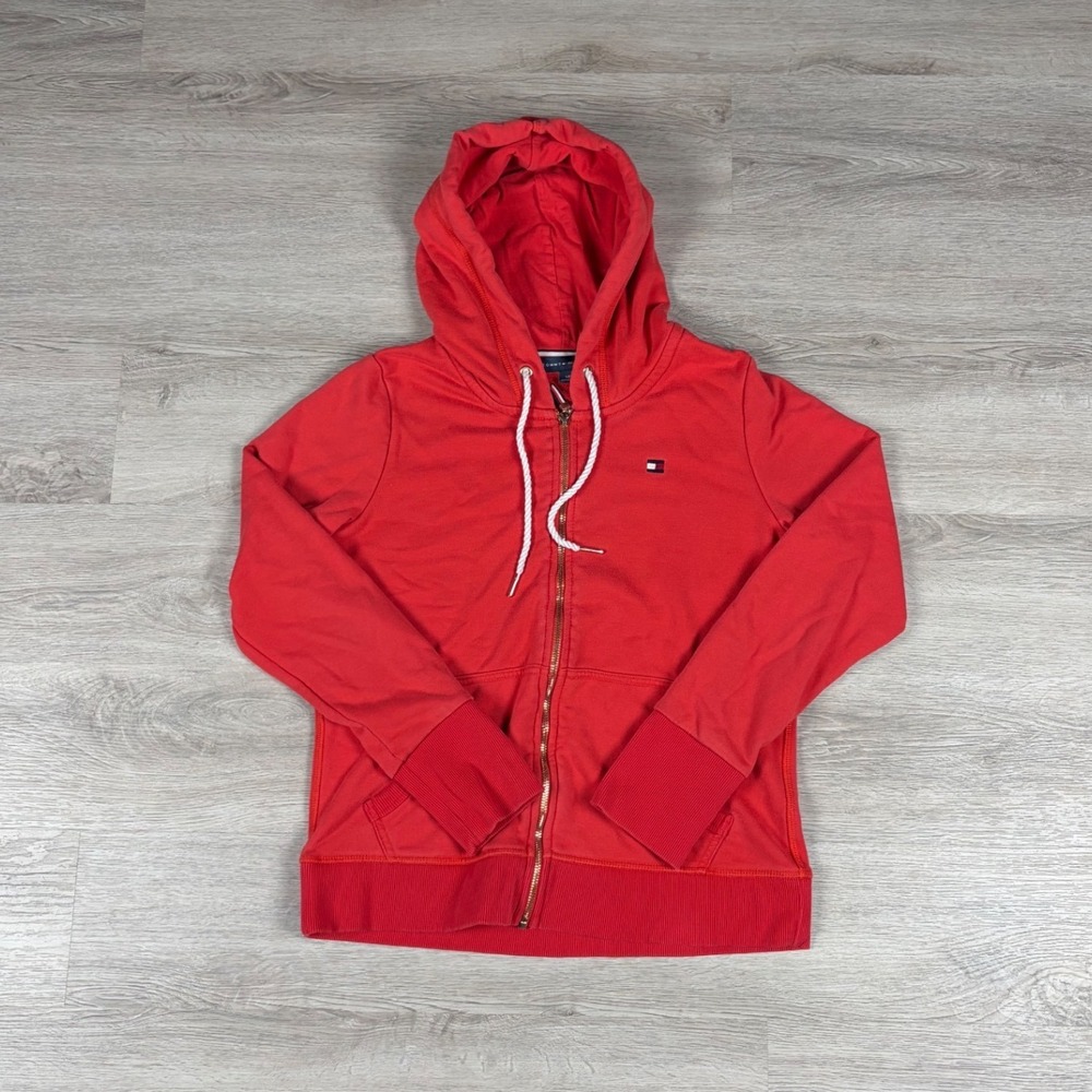 Tommy Hilfiger Full Zip Hoodie Womens Small Red Classic Logo Sweatshirt